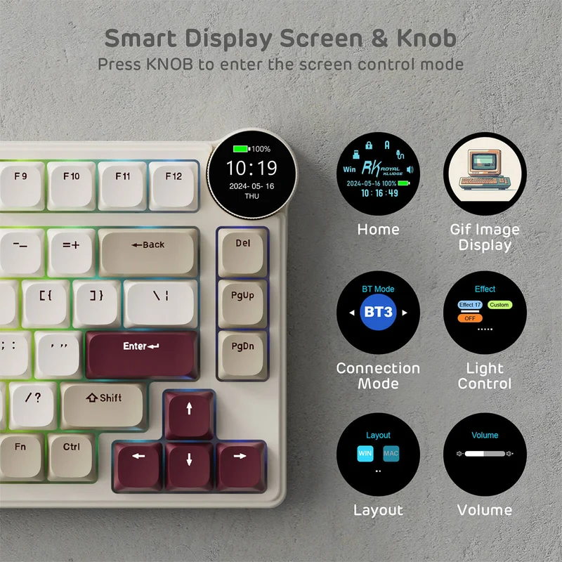 Royal Kludge RK N80 Tri-Mode RGB 80 Keys Hot Swappable Mechanical Keyboard Rosy Clouds (Red Switch, Brown Switch)