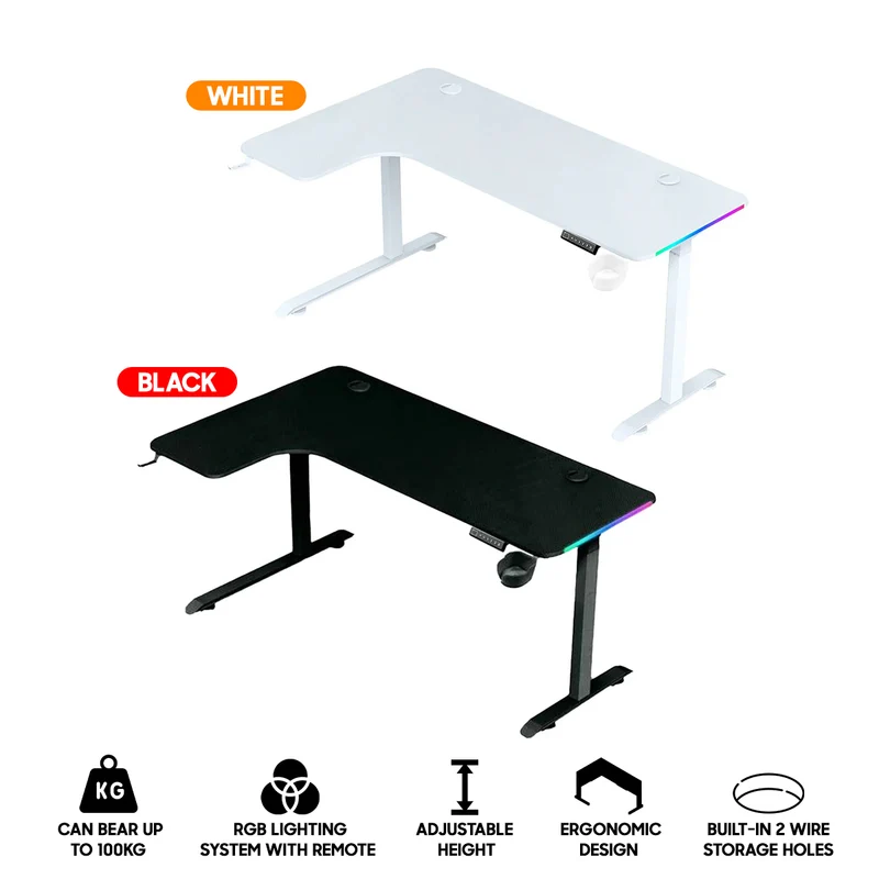 Dragonwar GT-015 L Shaped RGB Moving Height Table (Black, White)