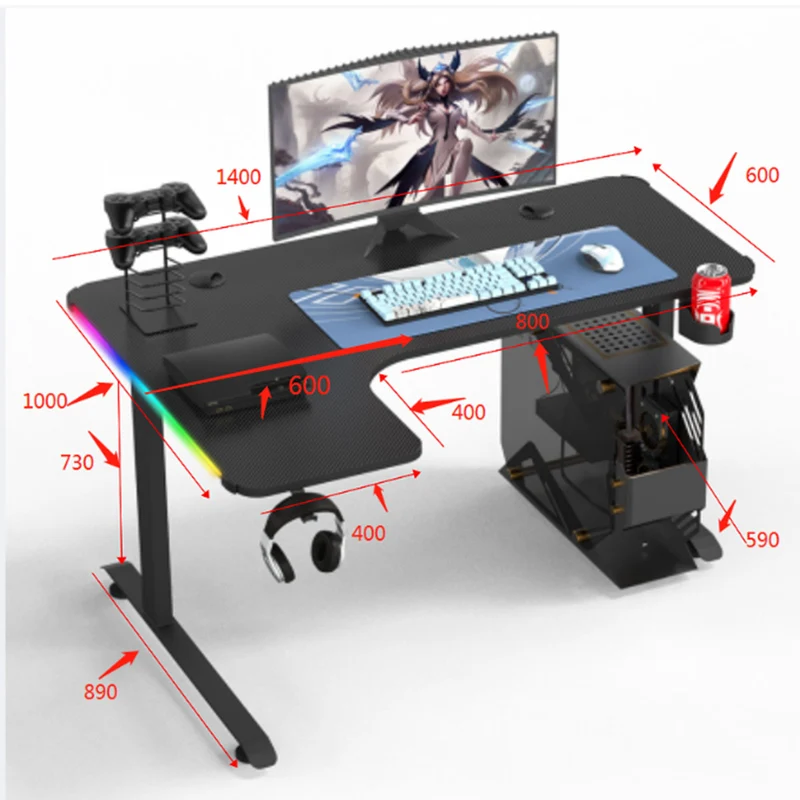 Dragonwar GT-015 L Shaped RGB Moving Height Table (Black, White)