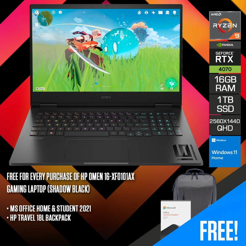 HP Omen 16-XF0101AX Gaming Laptop (Shadow Black) | 16.1" QHD (2560x1440) 240Hz IPS | Ryzen 9 7940HS | 16GB RAM | 1TB SSD | RTX 4070 | Windows 11 Home | MS Office Home & Student 2021 | HP Travel 18L Backpack