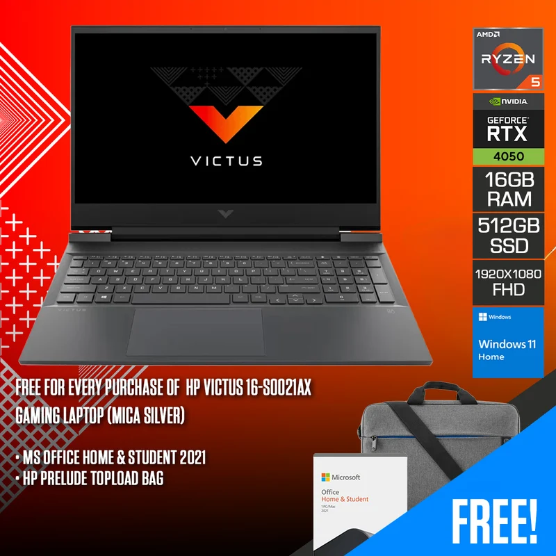HP Victus 16-S0021AX Gaming Laptop (Mica Silver) | 16.1" FHD (1920x1080) | 144Hz IPS | Ryzen 5 7640HS | 16GB RAM | 512GB SSD | RTX 4050 | Windows 11 Home | MS Office Home & Student 2021 | HP Prelude Topload Bag