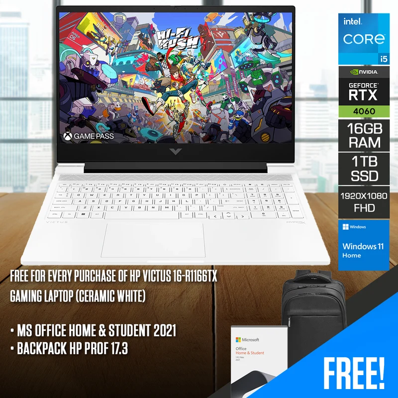 HP Victus 16-R1166TX Gaming Laptop (Ceramic White) | 16.1" FHD (1920x1080) 144Hz IPS | i5-14450HX | 16GB RAM | 1TB SSD | RTX 4060 | Windows 11 Home | MS Office Home & Student 2021 | HP Prof 17.3 Backpack