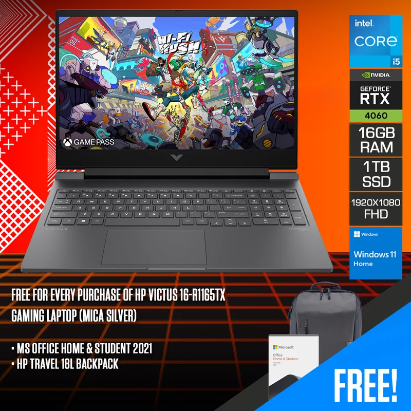 HP Victus 16-R1165TX Gaming Laptop (Mica Silver) | 16.1" FHD (1920x1080) 144Hz IPS | i5-14450HX | 16GB RAM | 1TB SSD | RTX 4060 | Windows 11 Home | MS Office Home & Student 2021 | HP Travel 18L Backpack