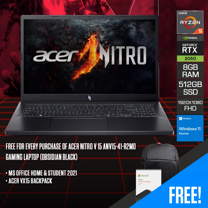 Acer Nitro V 15 ANV15-41-R2M0 Gaming Laptop (Obsidian Black) | 15.6" FHD (1920x1080) 144Hz IPS | Ryzen 5 7535HS | 8GB RAM | 512GB SSD | RTX 2050 | Windows 11 Home | MS Office Home & Student 2021 | Acer VX15 Backpack