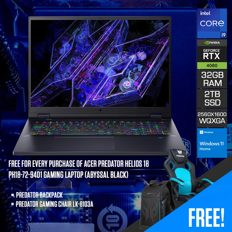 Acer Predator Helios 18 PH18-72-94D1 Gaming Laptop (Abyssal Black) | 18" WQXGA (2560x1600) 240Hz IPS | i9-14900HX | 2x16GB RAM | 2x1TB SSD | RTX 4080 | Windows 11 Pro | Predator Backpack | Predator Gaming Chair LK-8103A