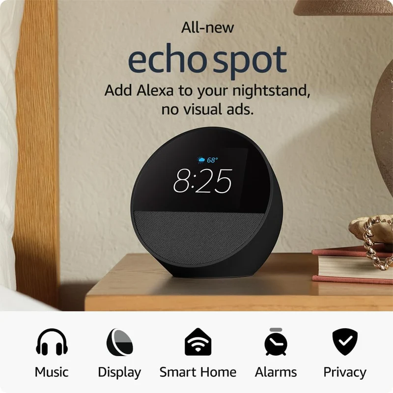 Amazon Echo Spot Smart Alarm Clock with Vibrant Sound and Alexa (Black, Ocean Blue, Glacier White)