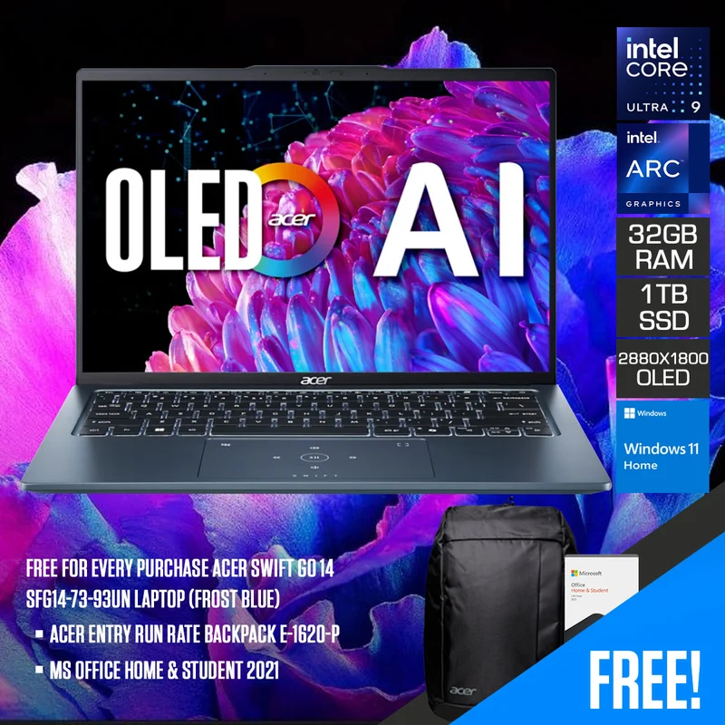 Acer Swift Go 14 SFG14-73-93UN Laptop (Frost Blue) | 14" (2880x1800) OLED | Ultra 9 185H | 32GB RAM | 1TB SSD | Intel Arc Graphics | Windows 11 Home | MS Office Home & Office 2021 | Acer Entry Run Rate Backpack E-1620-P