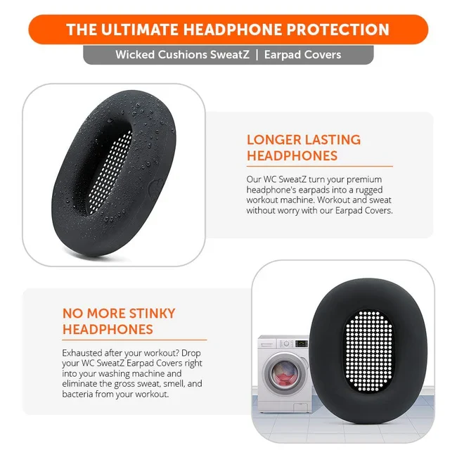 Wicked Cushions Sony WH-1000XM5 Earpad Sweat Covers - WC SweatZ (Black, Geo Grey, 90s Black, Silver)
