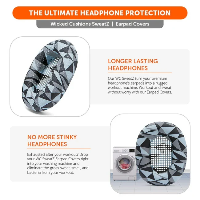 Wicked Cushions Sony WH-1000XM5 Earpad Sweat Covers - WC SweatZ (Black, Geo Grey, 90s Black, Silver)