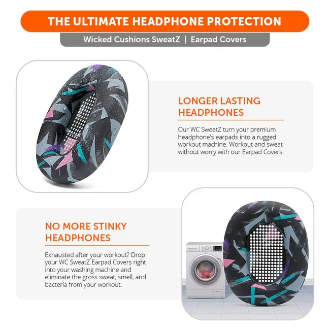 Wicked Cushions Sony WH-1000XM5 Earpad Sweat Covers - WC SweatZ (Black, Geo Grey, 90s Black, Silver)