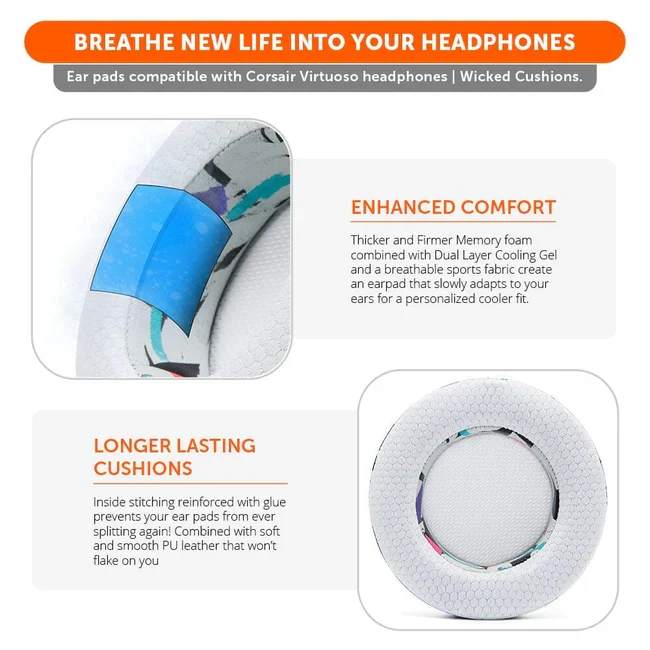 Wicked Cushions Corsair Virtuoso Earpads - WC FreeZe Cooling Gel (90s White, 90s Black, Black, Black Camo, Geo Grey)