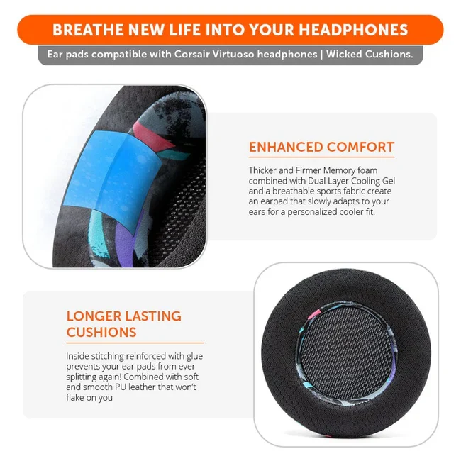 Wicked Cushions Corsair Virtuoso Earpads - WC FreeZe Cooling Gel (90s White, 90s Black, Black, Black Camo, Geo Grey)