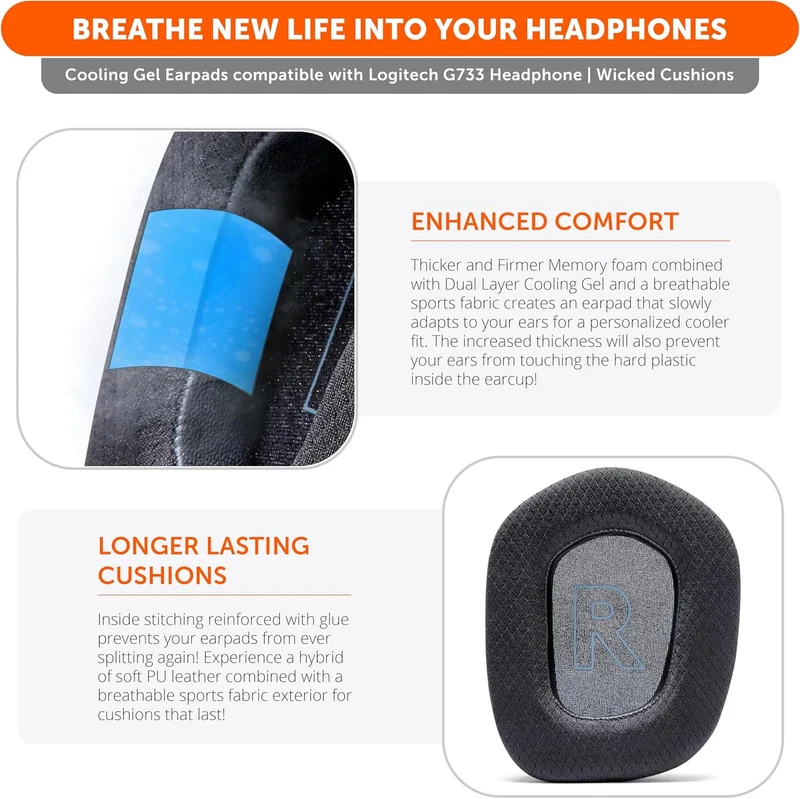Wicked Cushions Logitech G733 Earpads - WC FreeZe Cooling Gel (Black, Grey, 90s Black)