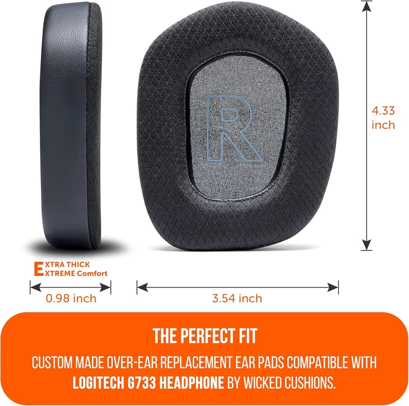 Wicked Cushions Logitech G733 Earpads - WC FreeZe Cooling Gel (Black, Grey, 90s Black)