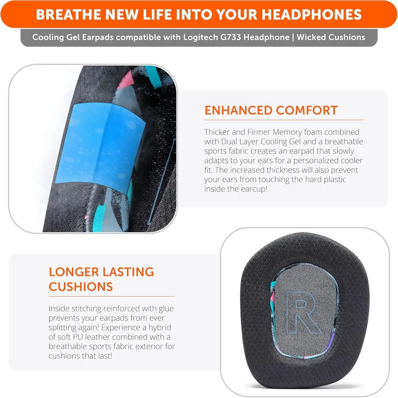 Wicked Cushions Logitech G733 Earpads - WC FreeZe Cooling Gel (Black, Grey, 90s Black)