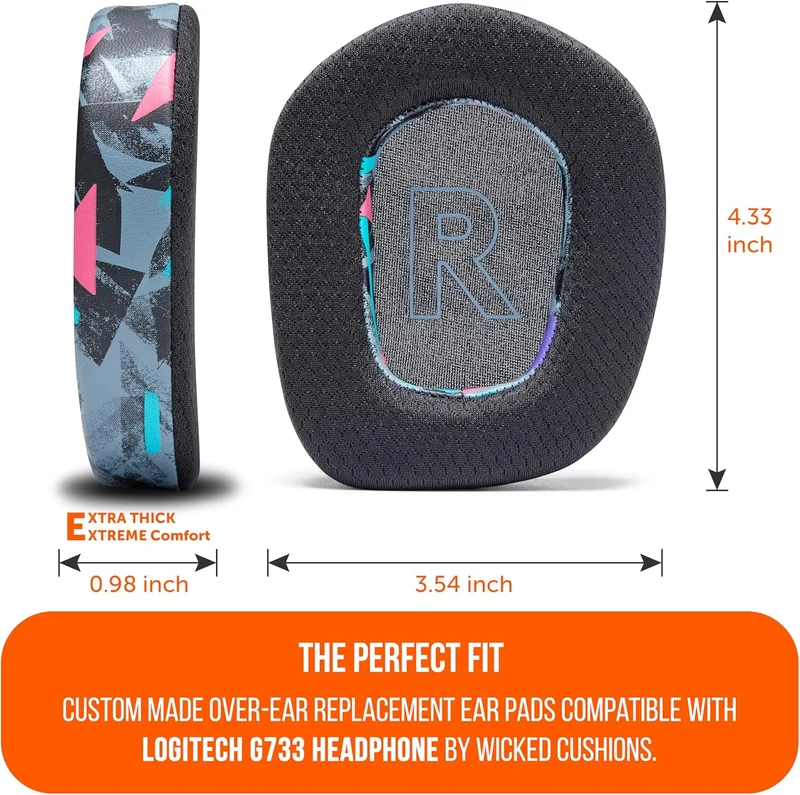 Wicked Cushions Logitech G733 Earpads - WC FreeZe Cooling Gel (Black, Grey, 90s Black)
