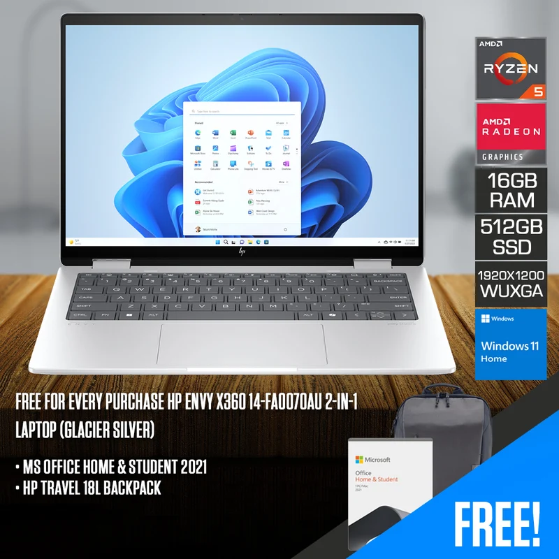 HP Envy X360 14-FA0070AU 2-in-1 Laptop (Glacier Silver) | 14" WUXGA (1920x1200) IPS | Ryzen 5 8640HS | 16GB RAM | 512GB SSD | AMD Radeon Graphics | Windows 11 Home | MS Office Home & Student 2021 + HP Travel 18L Backpack
