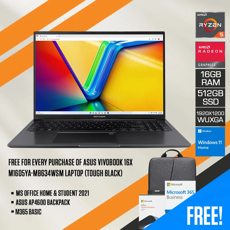 Asus Vivobook 16X M1605YA-MB634WSM Laptop (Tough Black) | 16" WUXGA (1920x1200) IPS | Ryzen 5 7430U | 16GB RAM | 512GB SSD | AMD Radeon Graphics | Windows 11 Home | MS Office Home & Student 2021 + M365 Basic + Asus AP4600 Backpack