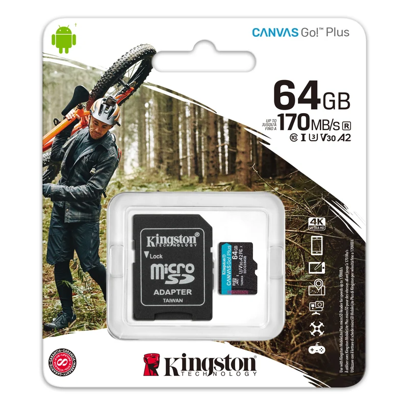Kingston Canvas Go! Plus UHS-I U3 V30 A2 170MB/s Read MicroSD Memory Card with SD Adapter (64GB, 128GB, 256GB, 512GB)