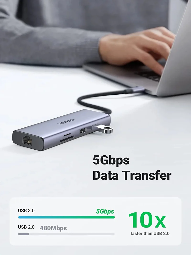 UGreen 9-in-1 Multifunction Adapter USB-C to 2xUSB 3.0 + USB 2.0 + 2xHDMI 4K/60Hz + SD + TF + RJ45 + PD (CM490/90119)