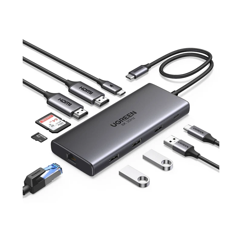 UGreen 10-in-1 Multifunction Adapter USB-C to 1xUSB 3.0 + 2xUSB 2.0 + USB-C 3.0 + 2xHDMI + RJ45 + SD + TF + PD (CM639/15534)