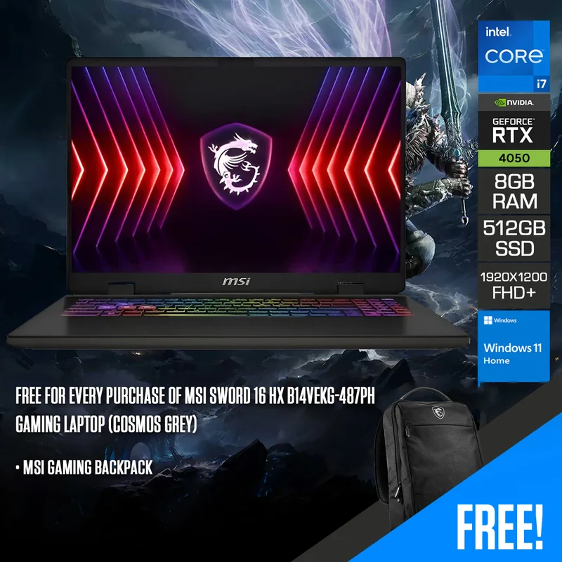 MSI Sword 16 HX B14VEKG-487PH Gaming Laptop (Cosmos Grey) | 16" FHD+ (1920x1200) 144Hz IPS | i7-14650HX | 8GB RAM | 512GB SSD | RTX 4050 | Windows 11 Home | MSI Gaming Backpack