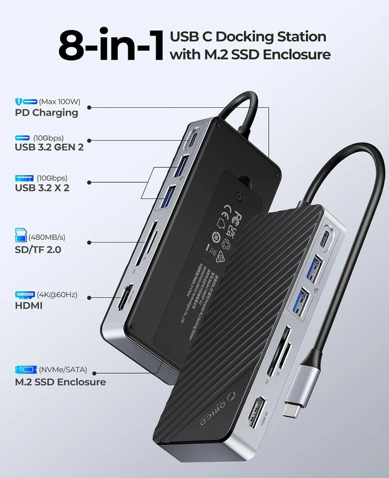 Orico M.2 NVMe/SATA with 8in1 Multi Docking Hub 10Gbps USB-C 3.2 Gen2 PD100W (OM28P-G2) (Black)