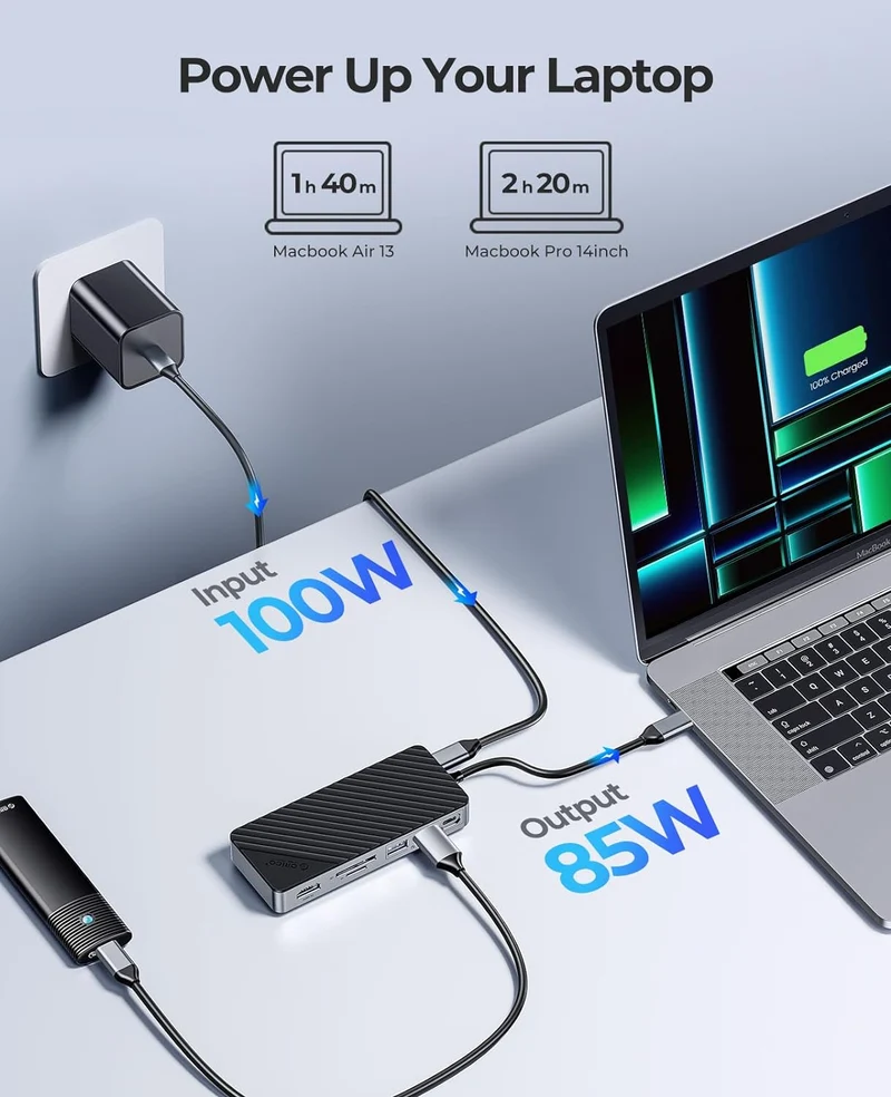 Orico M.2 NVMe/SATA with 8in1 Multi Docking Hub 10Gbps USB-C 3.2 Gen2 PD100W (OM28P-G2) (Black)