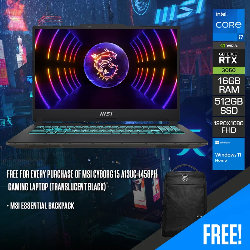 MSI Cyborg 15 A13UC-1458PH Gaming Laptop | 15.6" FHD (1920x1080) 144Hz | i7-13620H | 16GB RAM | 512GB SSD | RTX 3050 | Windows 11 Home + MSI Essential Backpack