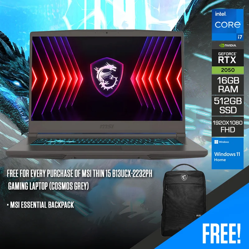 MSI Thin 15 B13UCX-2232PH Gaming Laptop | 15.6" FHD (1920x1080) 144Hz | i7-13620H | 16GB RAM | 512GB SSD | RTX 2050 | Windows 11 Home + MSI Essential Backpack