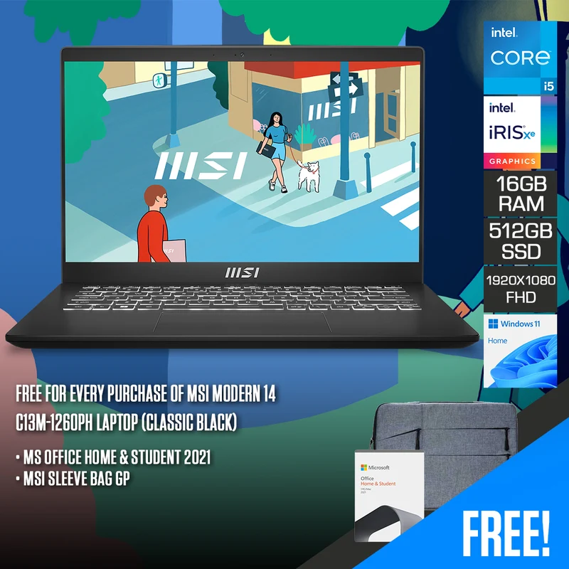 MSI Modern 14 C13M-1260PH Laptop (Classic Black) | 14" FHD (1920x1080) IPS | i5-1335U | 16GB RAM | 512GB SSD | Iris Xe Graphics | Windows 11 Home + MS Office Home & Student 2021 + MSI Sleeve Bag GP