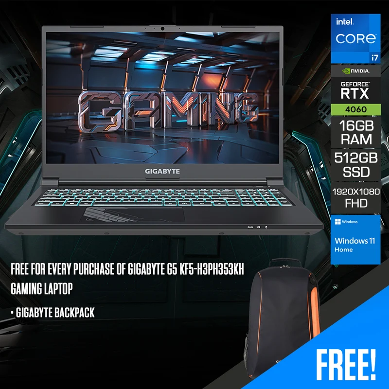 Gigabyte G5 KF5-H3PH353KH Gaming Laptop | 15.6" FHD 144Hz | i7-13620H | 16GB (2x8GB) | 512GB SSD | RTX 4060 | Windows 11 Home + Gigabyte Backpack