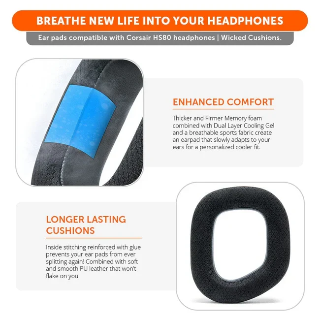 Wicked Cushions Corsair HS80 Earpads - WC FreeZe Cooling Gel (Black, 90s Black , Red Camo, Black Camo)