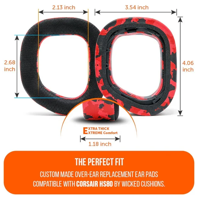 Wicked Cushions Corsair HS80 Earpads - WC FreeZe Cooling Gel (Black, 90s Black , Red Camo, Black Camo)