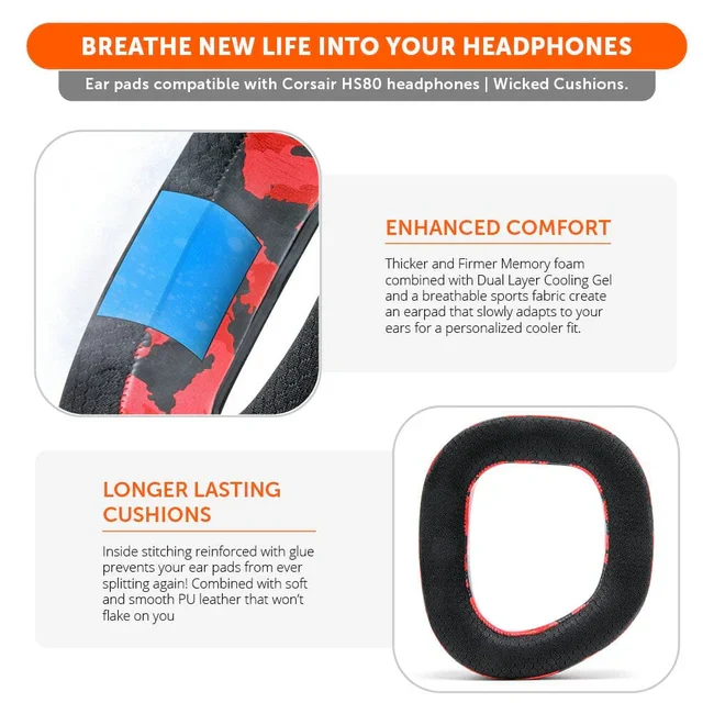 Wicked Cushions Corsair HS80 Earpads - WC FreeZe Cooling Gel (Black, 90s Black , Red Camo, Black Camo)