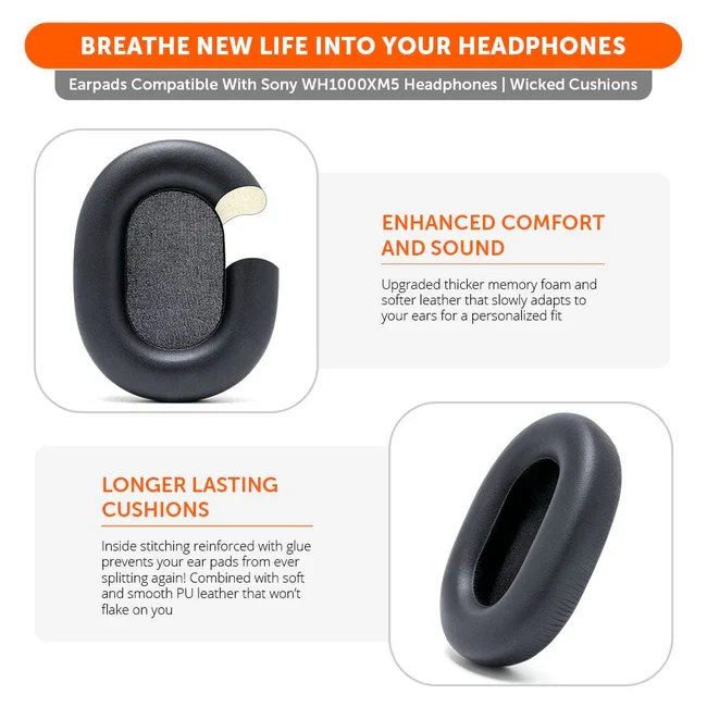 Wicked Cushions Upgraded Sony WH-1000XM5 Replacement Ear Pads (Black, 90s Black, Geo Grey, Silver, Blue, Black Camo)