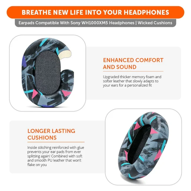 Wicked Cushions Upgraded Sony WH-1000XM5 Replacement Ear Pads (Black, 90s Black, Geo Grey, Silver, Blue, Black Camo)