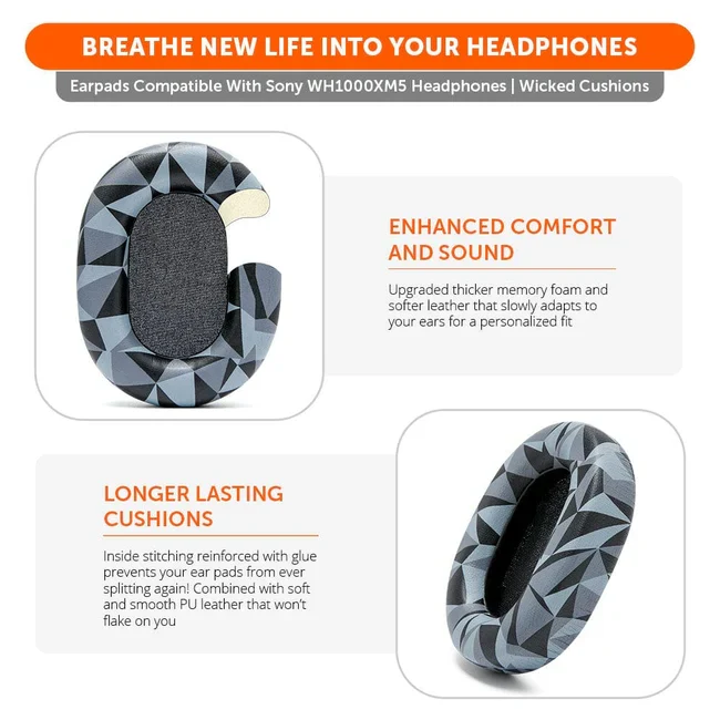 Wicked Cushions Upgraded Sony WH-1000XM5 Replacement Ear Pads (Black, 90s Black, Geo Grey, Silver, Blue, Black Camo)