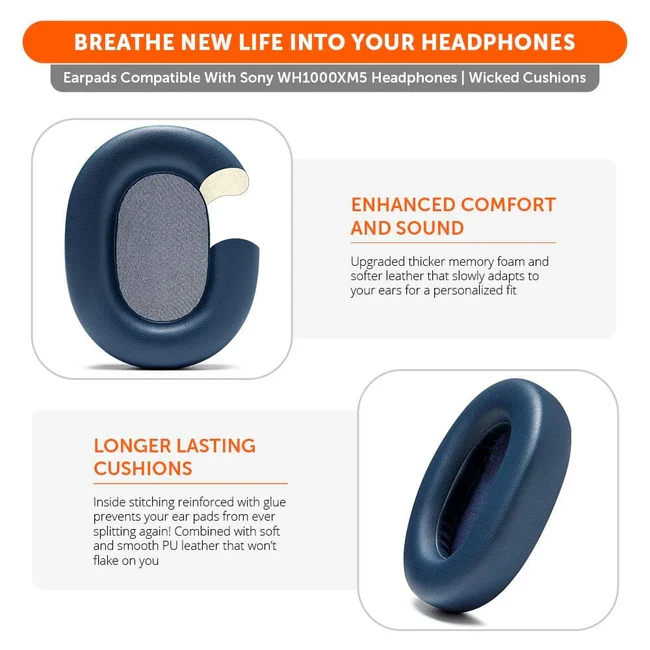 Wicked Cushions Upgraded Sony WH-1000XM5 Replacement Ear Pads (Black, 90s Black, Geo Grey, Silver, Blue, Black Camo)
