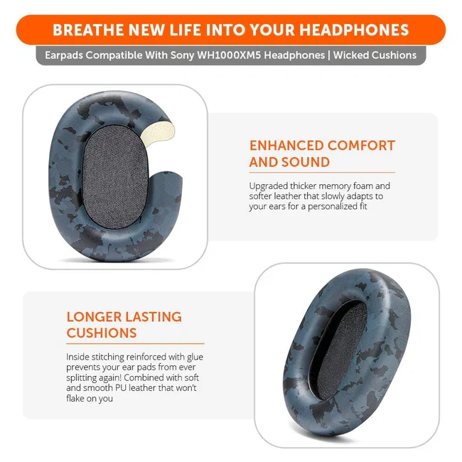 Wicked Cushions Upgraded Sony WH-1000XM5 Replacement Ear Pads (Black, 90s Black, Geo Grey, Silver, Blue, Black Camo)