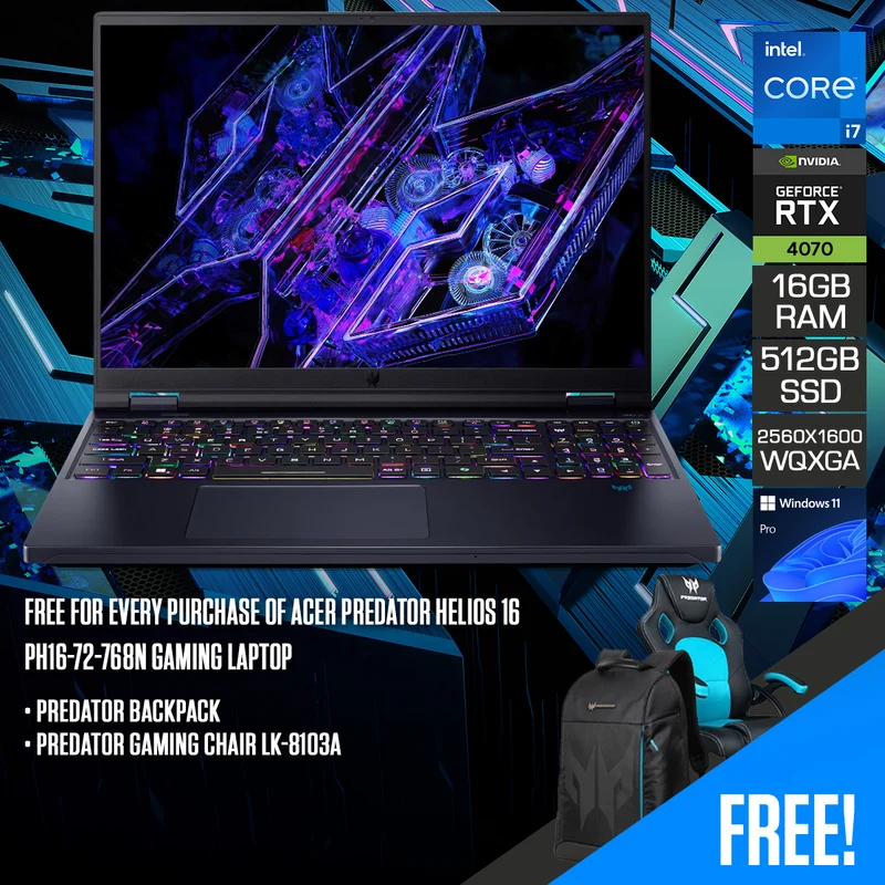 Acer Predator Helios 16 PH16-72-768N Gaming Laptop | 16" WQXGA (2560x1600) 240Hz | i7-14700HX | 16GB RAM | 512GB SSD | RTX 4070 | Windows 11 Pro | Predator Backpack + Predator Gaming Chair LK-8103A