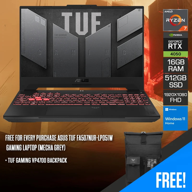 Asus TUF FA507NUR-LP051W Gaming Laptop (Mecha Grey) | 15.6" FHD (1920x1080) 144Hz | Ryzen 7 7435HS | 16GB RAM | 512GB SSD | RTX 4050 | Windows 11 Home | TUF Gaming VP4700 Backpack