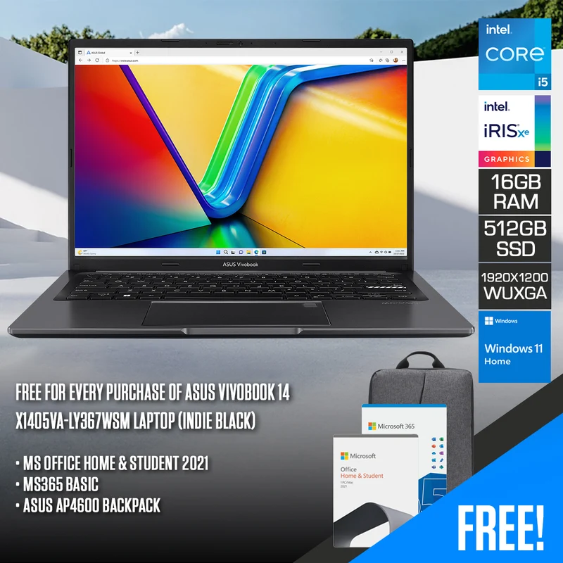 Asus Vivobook 14 X1405VA-LY367WSM Laptop (Indie Black) | 14" WUXGA (1920 x 1200) IPS | i5-1335U | 16GB RAM | 512GB SSD | Intel Iris Xe | Windows 11 Home | MS Office Home & Student 2021 + MS 365 Basic + Asus AP4600 Backpack