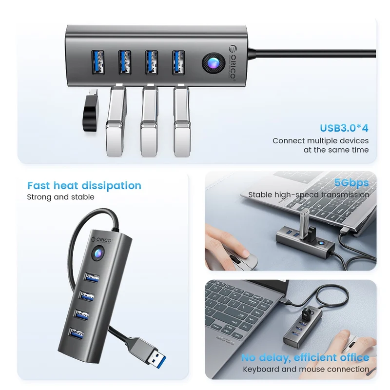Orico 4 Ports USB 3.0 Hub Ultra-Slim Data USB Hub (PDD4U-U3) (Grey)