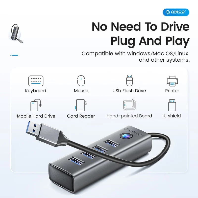 Orico 4 Ports USB 3.0 Hub Ultra-Slim Data USB Hub (PDD4U-U3) (Grey)