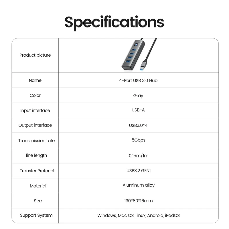 Orico 4 Ports USB 3.0 Hub Ultra-Slim Data USB Hub (PDD4U-U3) (Grey)