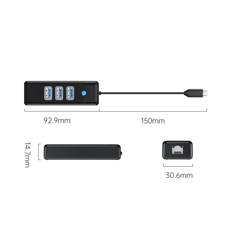 Orico 4-Port USB3.0 Hub with Gigabit Ethernet Port (PW3UR-C3) (Black)