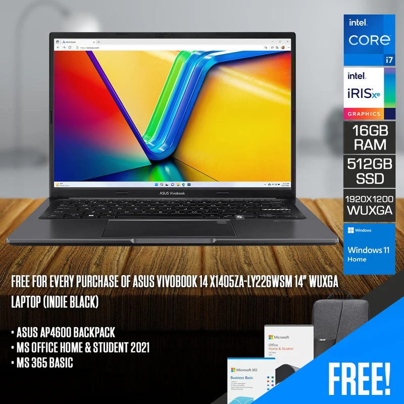 Asus Vivobook 14 X1405ZA-LY226WSM Laptop (Indie Black) | 14" WUXGA (1920x1200) IPS | i7-12700H | 16GB RAM | 512GB SSD | Iris Xe | Windows 11 Home + MS Office Home & Student 2021 + MS 365 Basic + Asus AP4600 Backpack