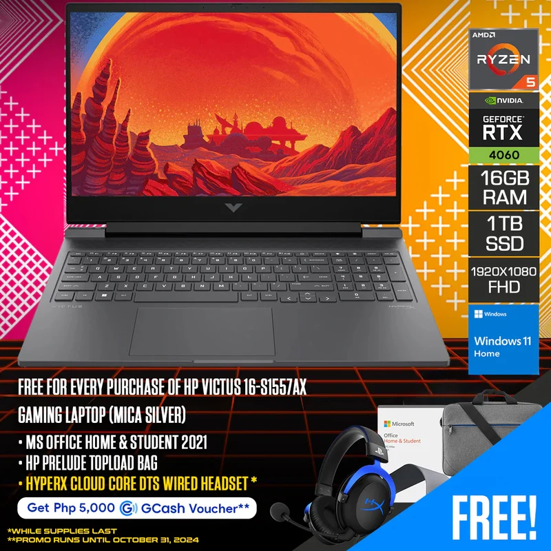 HP Victus 16-S1557AX Gaming Laptop (Mica Silver) | 16.1" FHD (1920x1080) 144Hz IPS | Ryzen 5 8640HS | 16GB RAM | 1TB SSD RTX | 4060 Windows 11 Home | MS Office Home & Student 2021 | HP Prelude Topload Bag with Free HyperX Cloud Core DTS Wired Headset