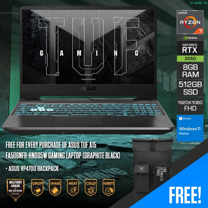 Asus TUF A15 FA506NFR-HN005W Gaming Laptop (Graphite Black) | 15.6" FHD (1920x1080) IPS 144Hz | Ryzen 7 7435HS | 8GB RAM | 512GB SSD | RTX 2050 | Windows 11 Home + Asus VP4700 Backpack